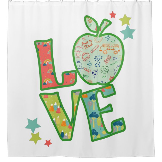 Rideaux De Douche J'aime l'école Apple, ramené à l'école (Devant)