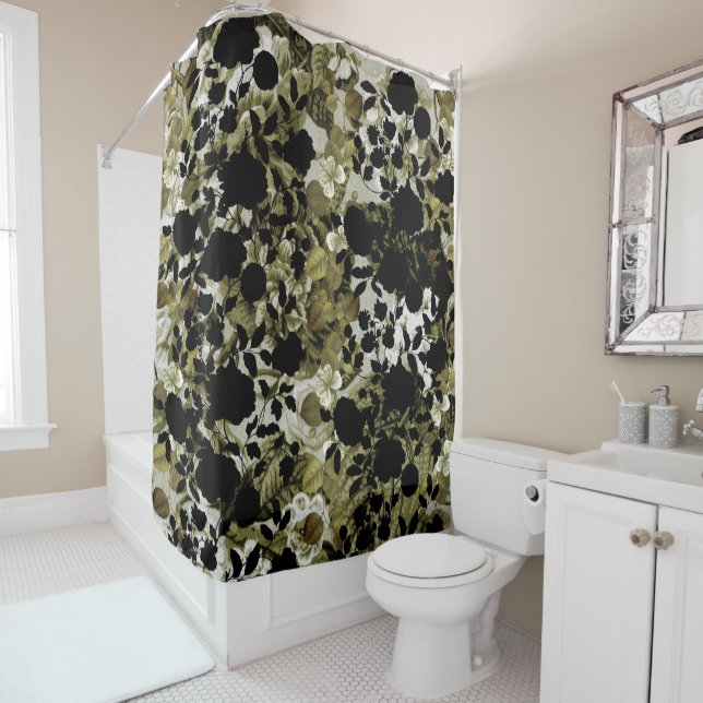 Rideaux De Douche Jardin botanique vert blanc noir Toile floral (En situation)