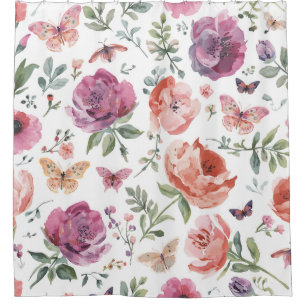 Rideaux De Douche Jardin de papillons botanique aquarelle florale