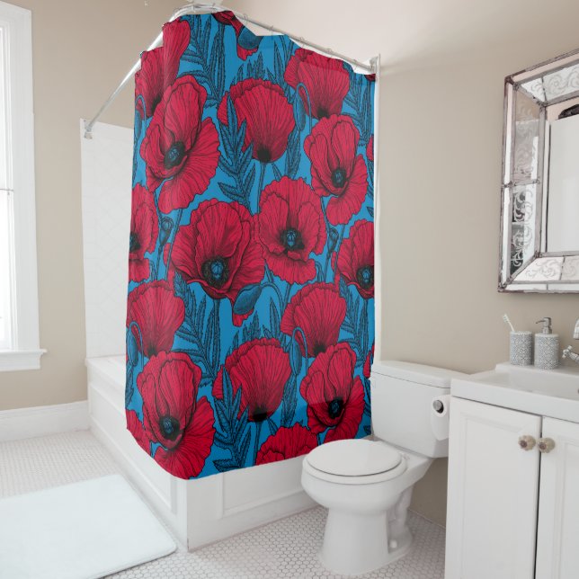 Rideaux De Douche Jardin de pavot rouge sur bleu (En situation)