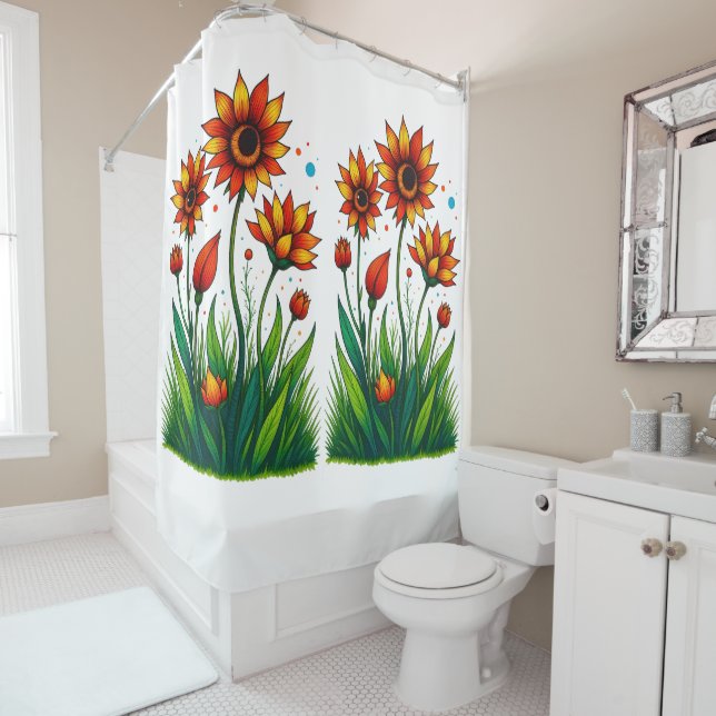 Rideaux De Douche Jardin Fleurissant de Feu (En situation)