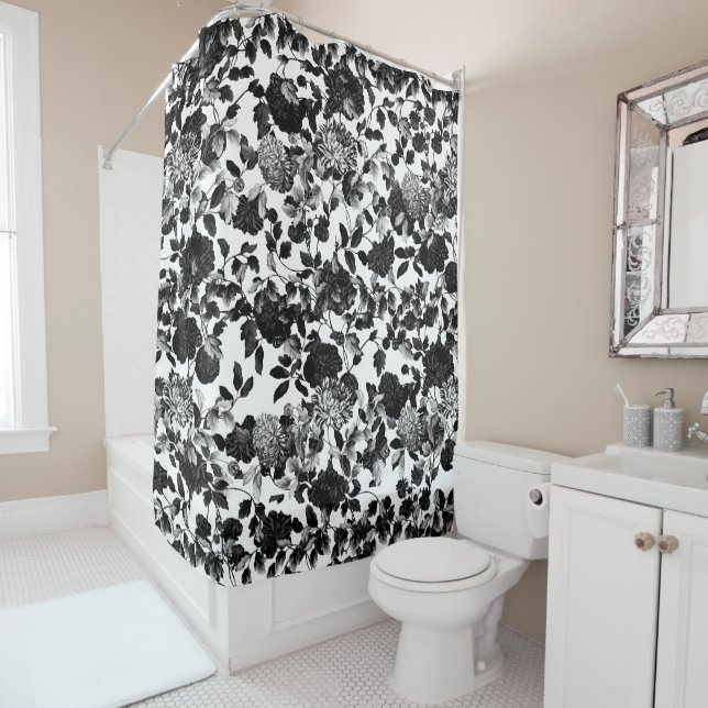 Rideaux De Douche Jardin floral blanc noir de Toile (En situation)