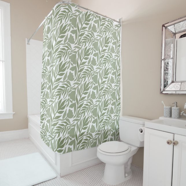 Rideaux De Douche Jardin Sauvage Blanc & Vert Mousse (En situation)