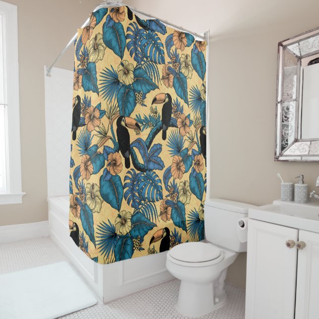 Rideaux De Douche Jardin toucan en jaune et bleu (En situation)