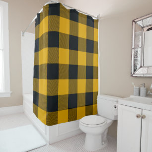 Rideaux De Douche Jaune et noir motif écossais rustique à carreaux d