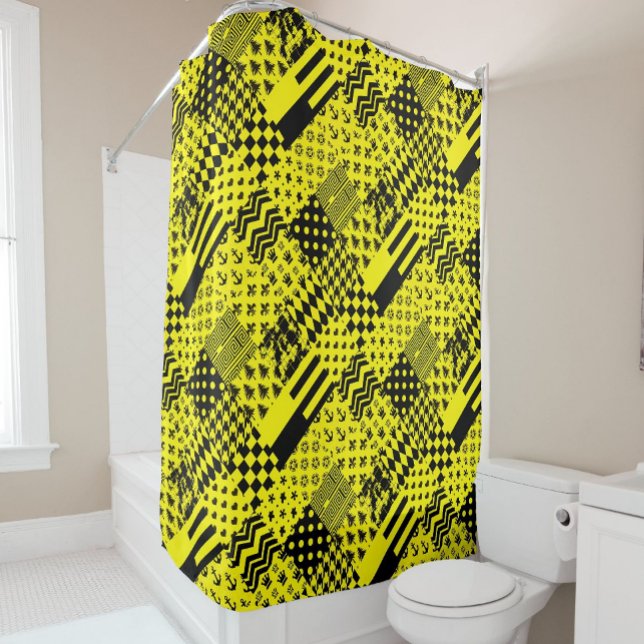 Rideaux De Douche Jaune Noir Mixte Conception Motif Patchwork (Créateur téléchargé)