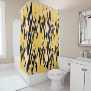 Rideaux De Douche Jaune rétro, Noir Zigzap Art Déco Abstrait