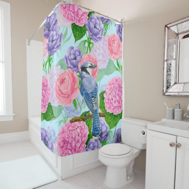 Rideaux De Douche Jay bleu et fleurs motif aquarelle (En situation)