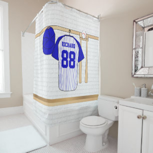 Rideaux De Douche Jersey de baseball bleu et blanc personnalisé