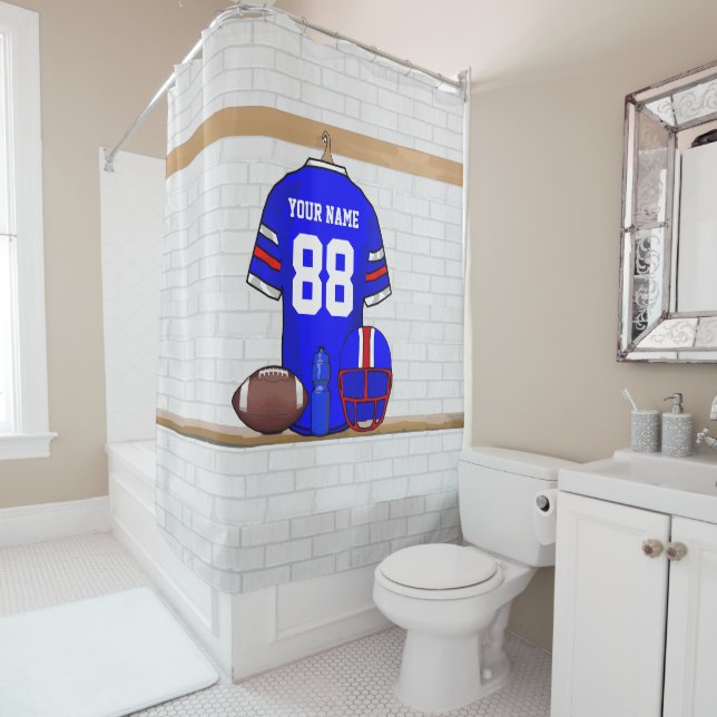 Rideaux De Douche Jersey de football bleu blanc personnalisé (En situation)