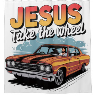 Rideaux De Douche Jesus Prend le Volant Voiture Musclée Vintage