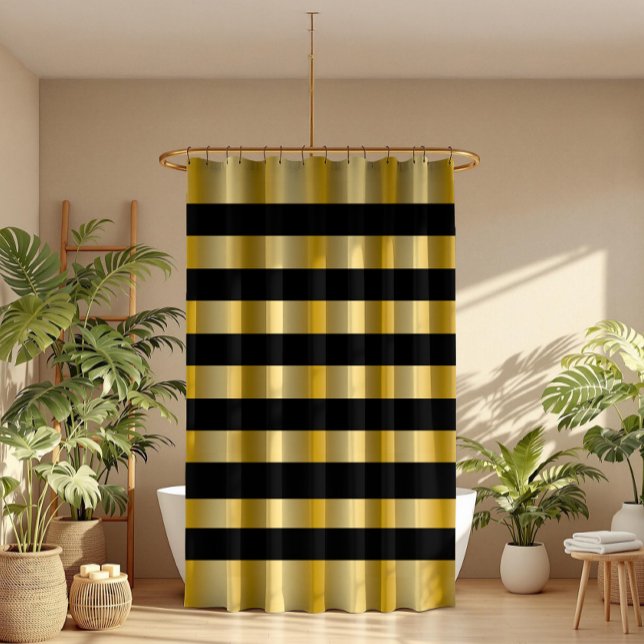 Rideaux De Douche Jeté moderne rayures dorées fond noir (Créateur téléchargé)