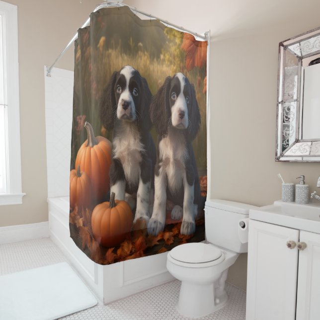 Rideaux De Douche Jeune Springer Spaniel Automne Délice Citrouille  (En situation)