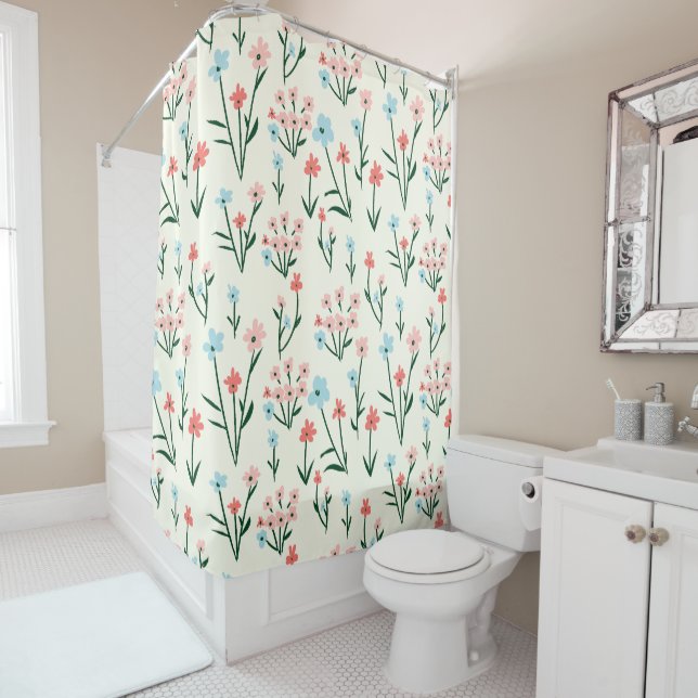 Rideaux De Douche Joli Botanique Simple Fleur Rose Bleu Floral (En situation)