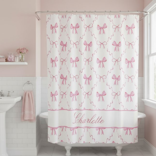 Rideaux De Douche Joli cou rose (sweet girly pink coquette bow shower curtain with custom name in calligraphy script for bathroom)