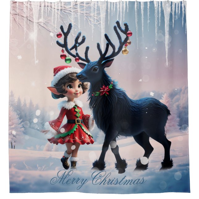 Rideaux De Douche Joli elfe de Noël et rennes foncés. (Devant)