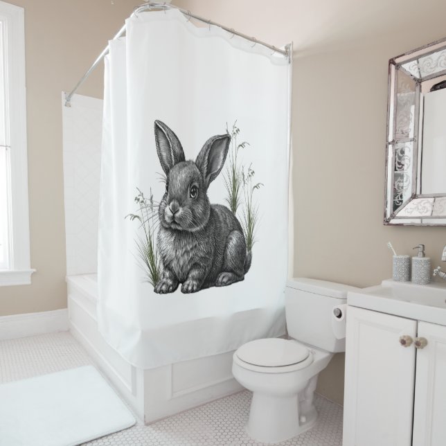 Rideaux De Douche Joli lapin gris parmi les herbes (En situation)