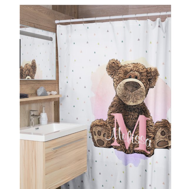 Rideaux De Douche Joli Monogramme Aquarelle Nom Ours en Teddy Rose (Créateur téléchargé)