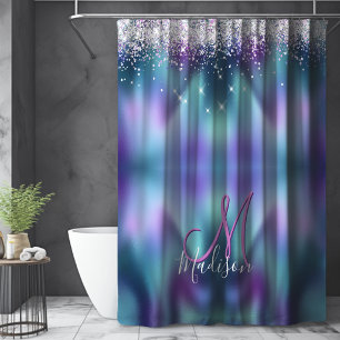 Rideaux De Douche Joli monogramme faux paillettes turquoise violet