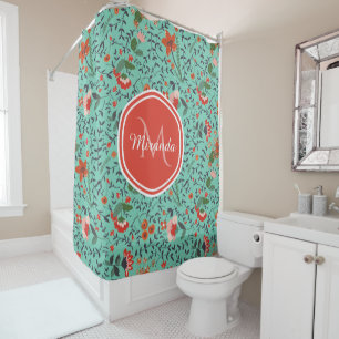 Rideaux De Douche Joli monogramme floral orange et rouge bleu vert