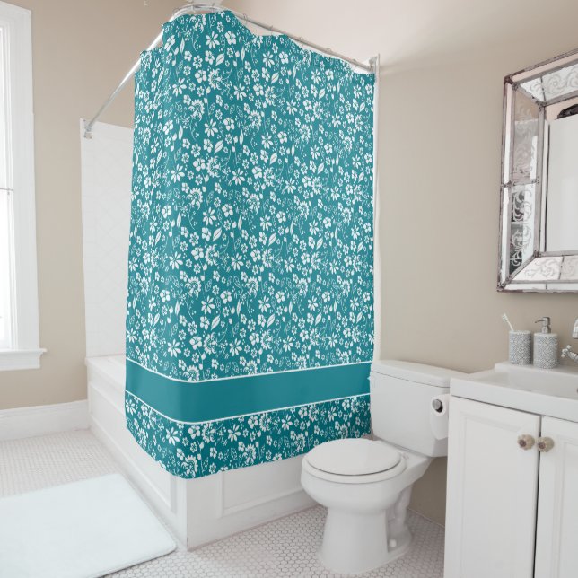 Rideaux De Douche Joli motif floral bleu Turquoise (En situation)
