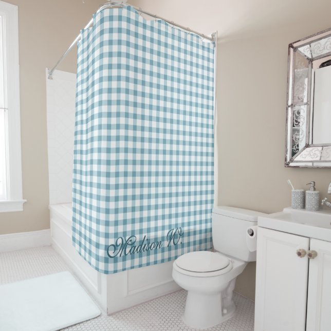 Rideaux De Douche Joli motif gingham bleu poussiéreux (En situation)