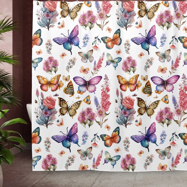 Rideaux De Douche Joli papillon d'aquarelle Motif de jardin fleuri (Créateur téléchargé)