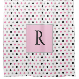 Rideaux De Douche Joli point Monogram rose blanc et gris Polka