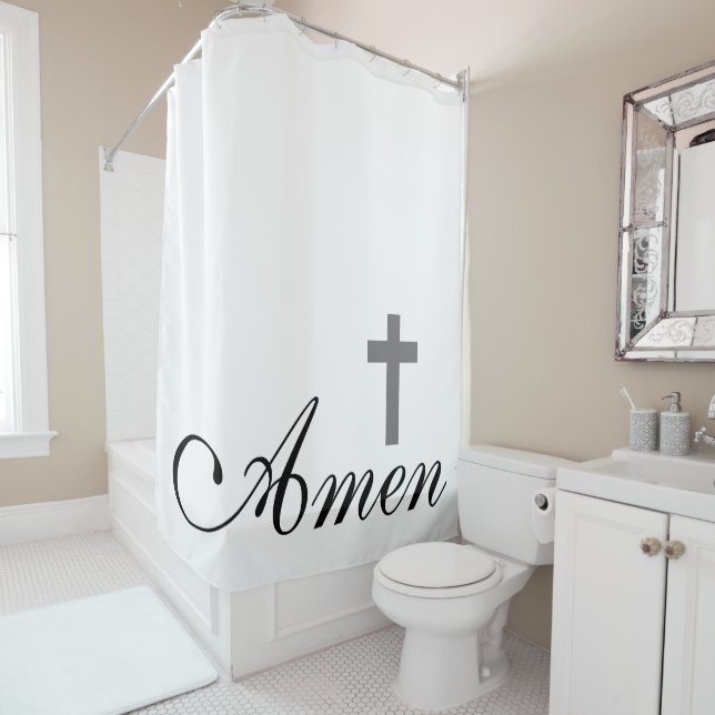Rideaux De Douche joli script AMEN avec CROSS | (En situation)
