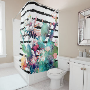 Rideaux De Douche Jolie aquarelle cactus motifs floraux et rayures