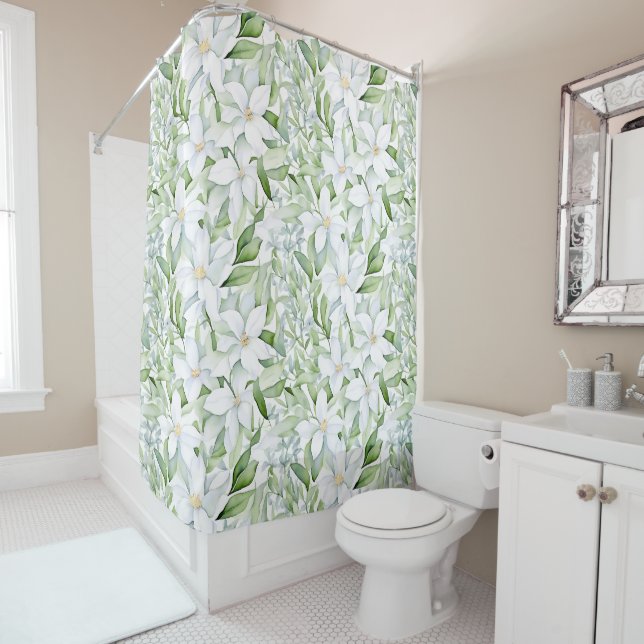 Rideaux De Douche Jolie aquarelle Fleurs blanches Sage Vert Foliage (En situation)