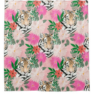 Rideaux De Douche Jolie aquarelle florale et tigre animal rose