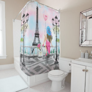 Rideaux De Douche Jolie femme et ballon de coeur rose - I Love Paris