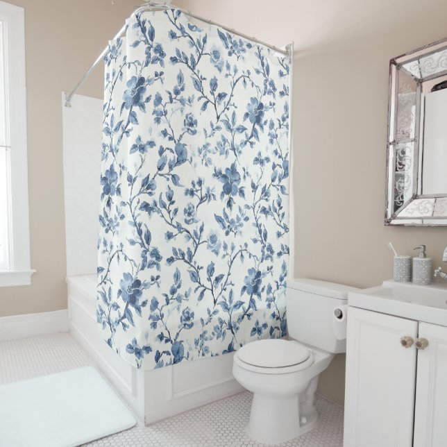 Rideaux De Douche Jolie Fleurie Bleue Blanche   (En situation)