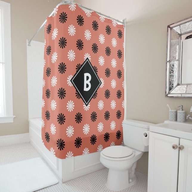 Rideaux De Douche Jolie initiale monogrammée florale rouge noir et b (En situation)