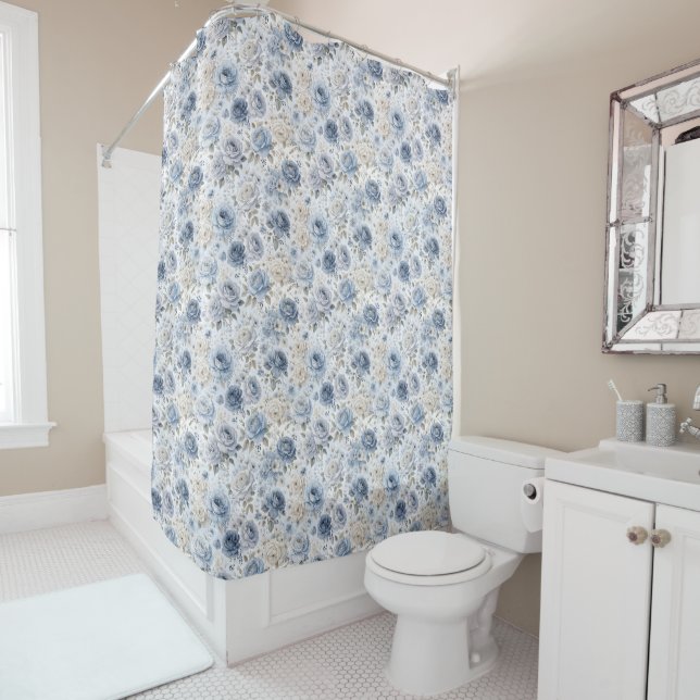 Rideaux De Douche Jolie Rose Bleue Aquarelle  (En situation)