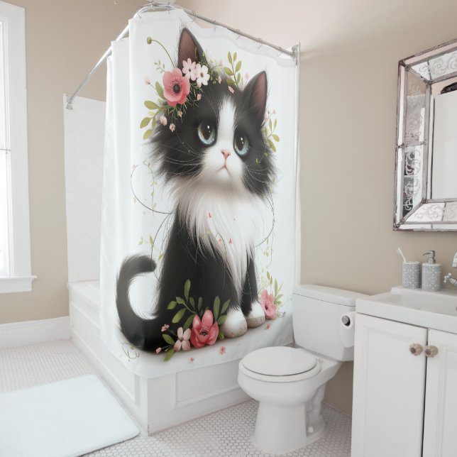 Rideaux De Douche Jolie Tuxedo Kitten avec Fleurs (En situation)