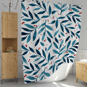 Rideaux De Douche Jolies branches d'aquarelle - turquoise et rouge