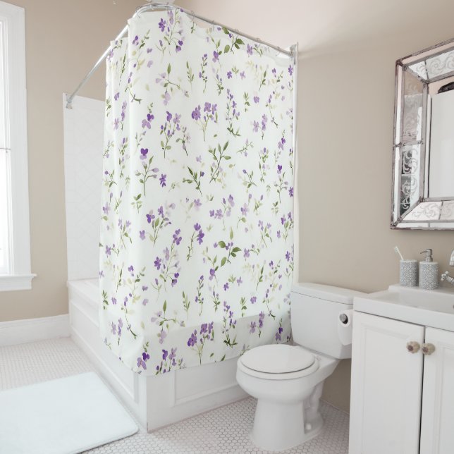 Rideaux De Douche Jolies fleurs blanches violettes (En situation)