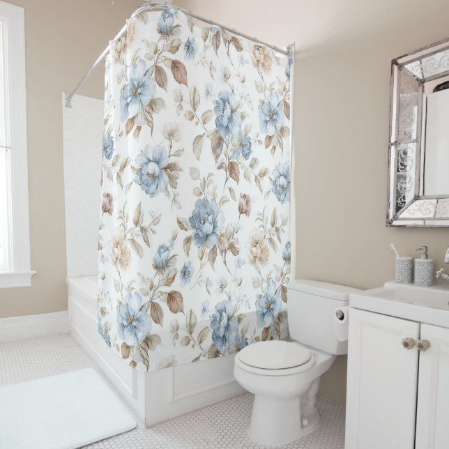 Rideaux De Douche Jolies Fleurs Bleues Crème Beige Marron (En situation)
