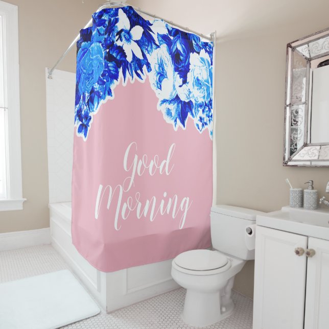Rideaux De Douche Jolies Fleurs Bleues & Roses Bleues Bonne Matinée (En situation)