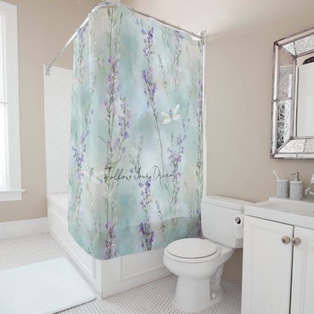 Rideaux De Douche Jolies fleurs de lavande romantiques libellules (En situation)