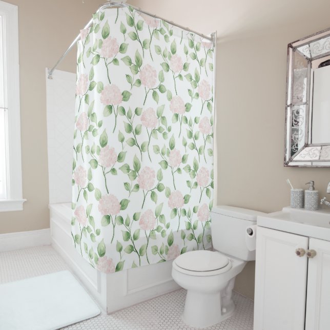 Rideaux De Douche Jolies Fleurs Roses Feuilles Vertes   (En situation)