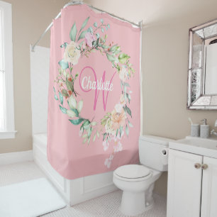 Rideaux De Douche Jolies Roses Floral Élégant Script Monogramme Rose