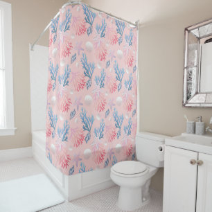 Rideaux De Douche Jolis Coraux Coquillages Huîtres Dans Océan Rose P