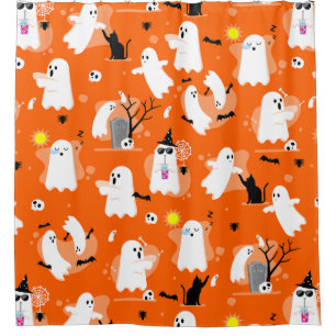Rideaux De Douche jolis fantômes d'Halloween chat noir orange