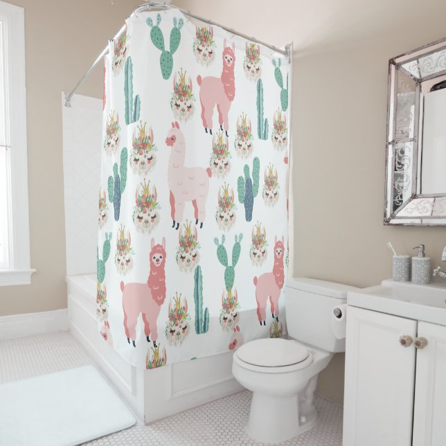 Rideaux De Douche Jolis Llamas roses et Cactus vert (En situation)