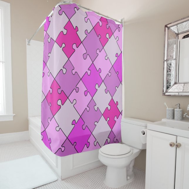 Rideaux De Douche Jouer Diagonal Jigsaw Énorme Pièces Roses (En situation)