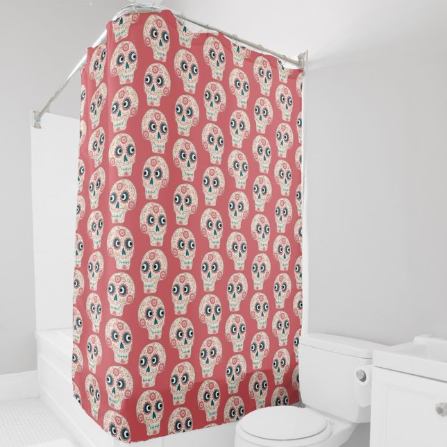 Rideaux De Douche Jour du crâne de sucre mexicain de l'orange mort (Coral orange peach Mexican Day of the Dead sugar skull pattern shower curtain)