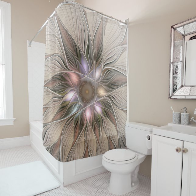 Rideaux De Douche Joyeuse Fleur Abstrait Beige Brown Floral Fractal (En situation)